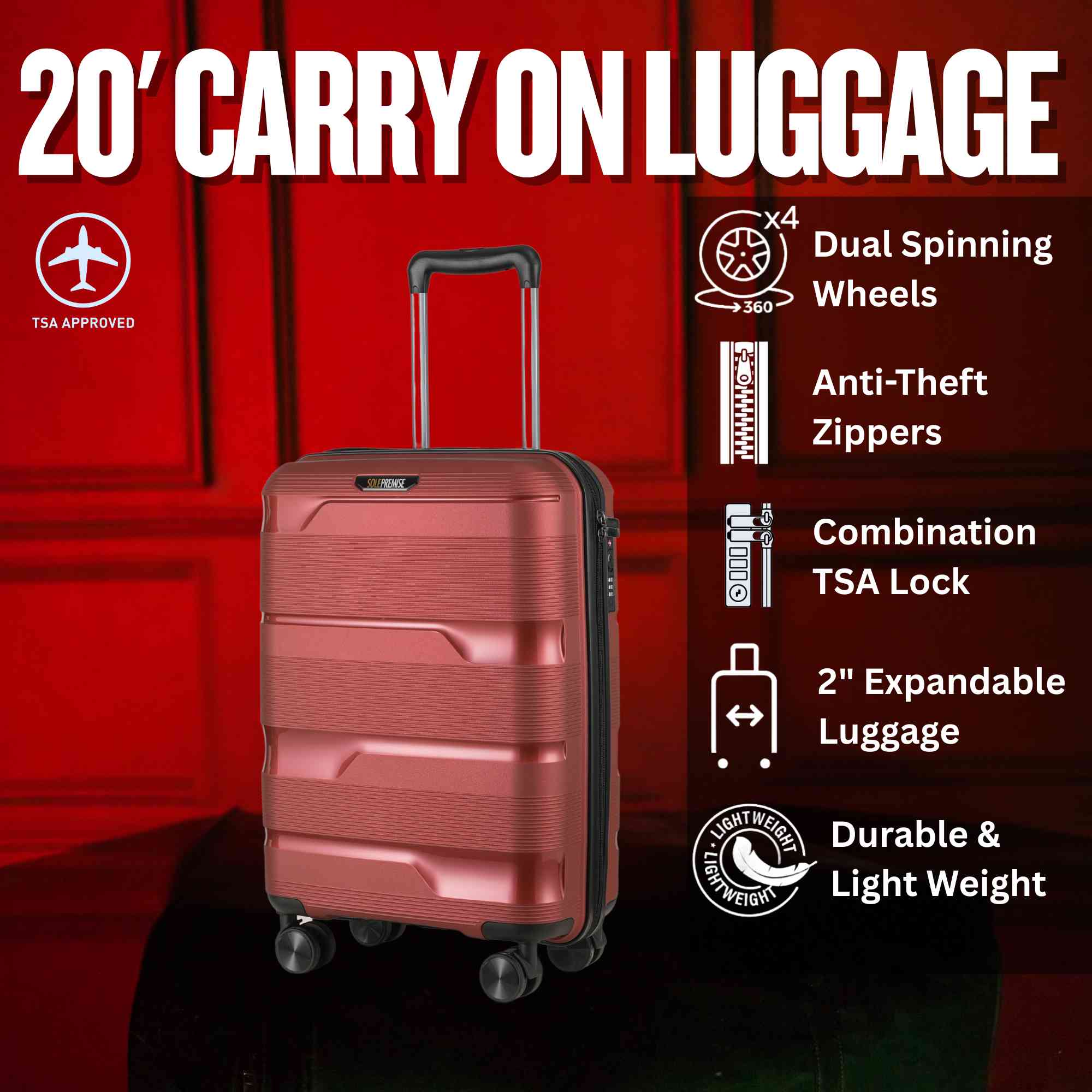 20 - inch Red Carry - On Hardcase Roller Luggage - Wize - Z