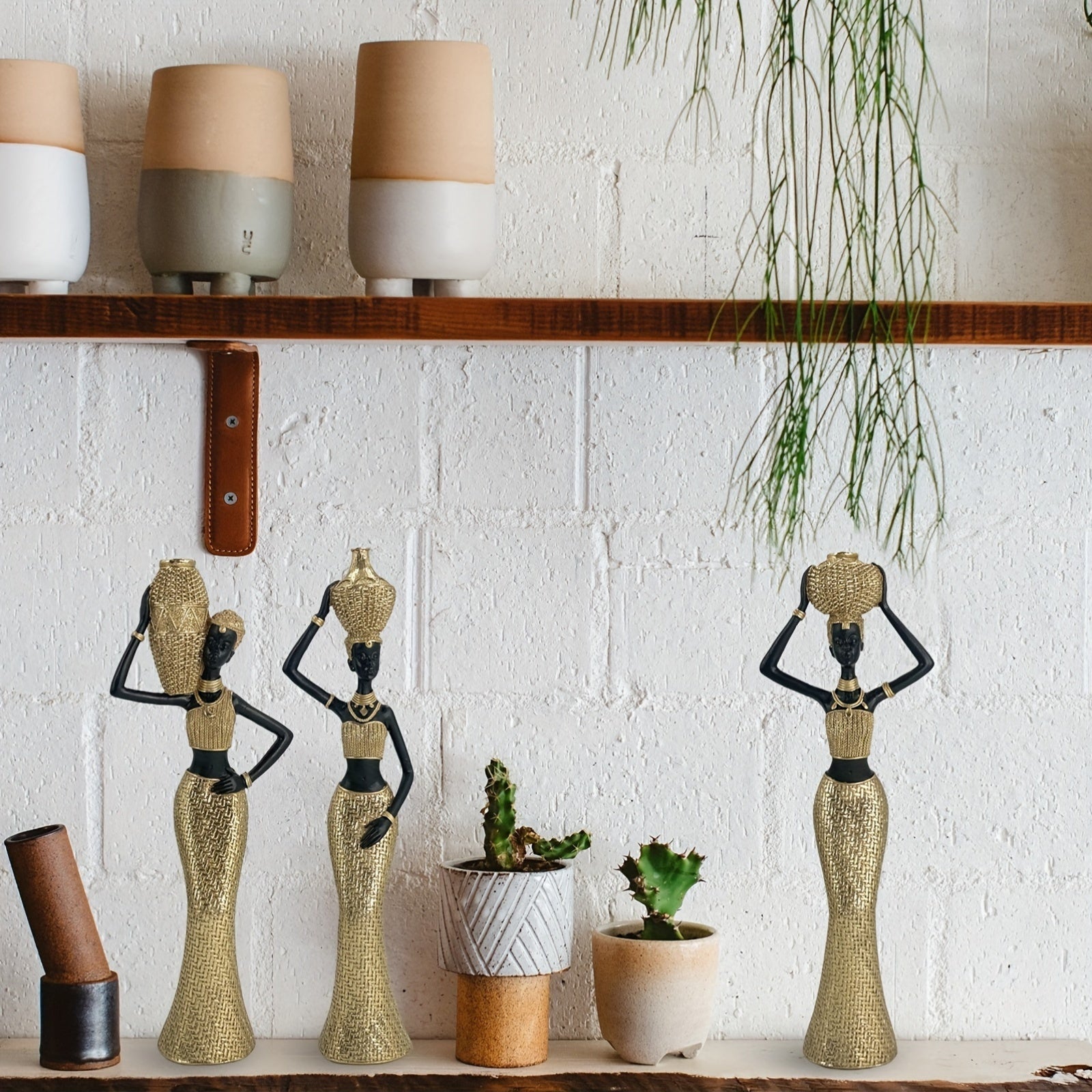 3 PCS African Statues: Golden Tribal Art Figurines - Wize - Z