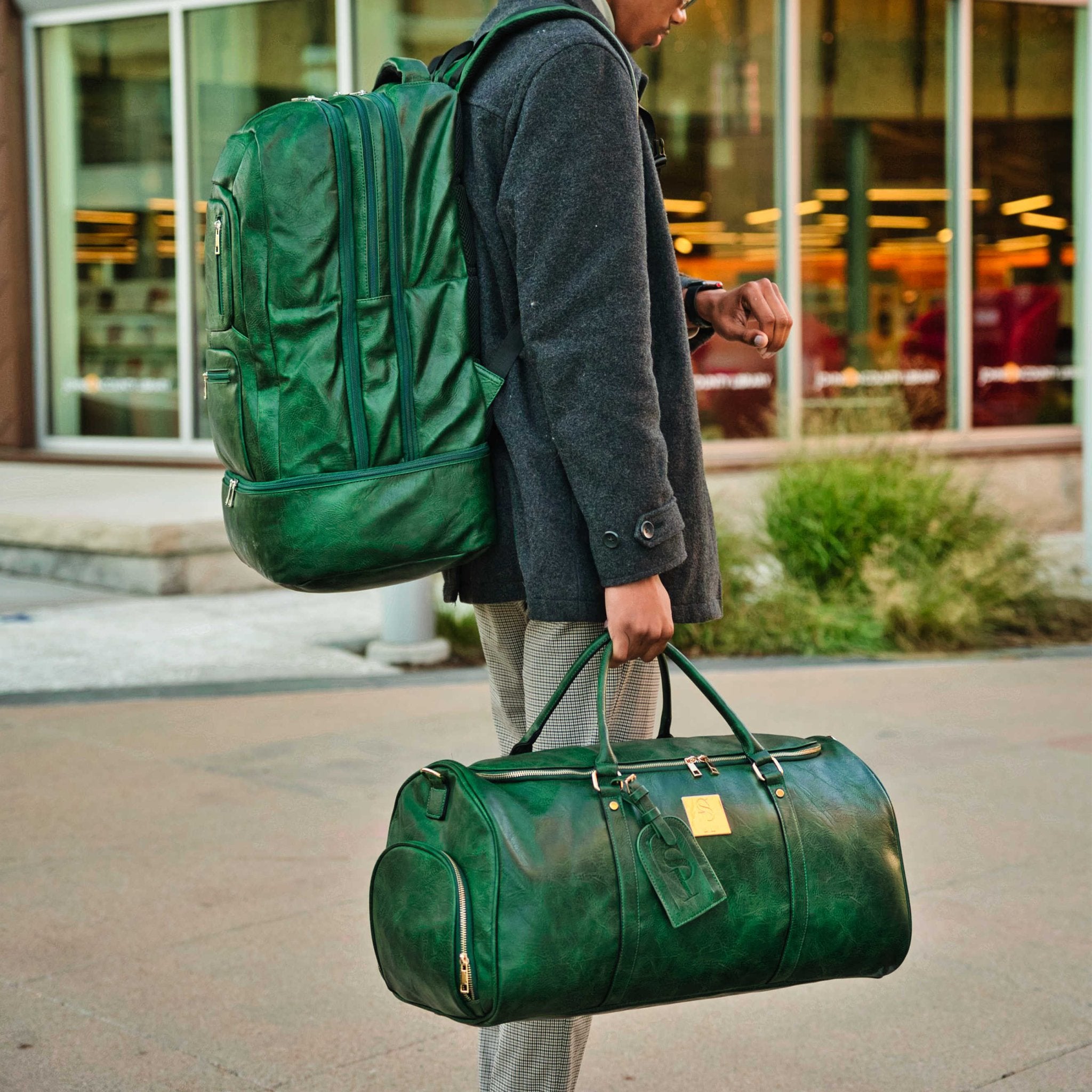 Emerald Green Leather Weekender Duffle Bag - Wize - Z