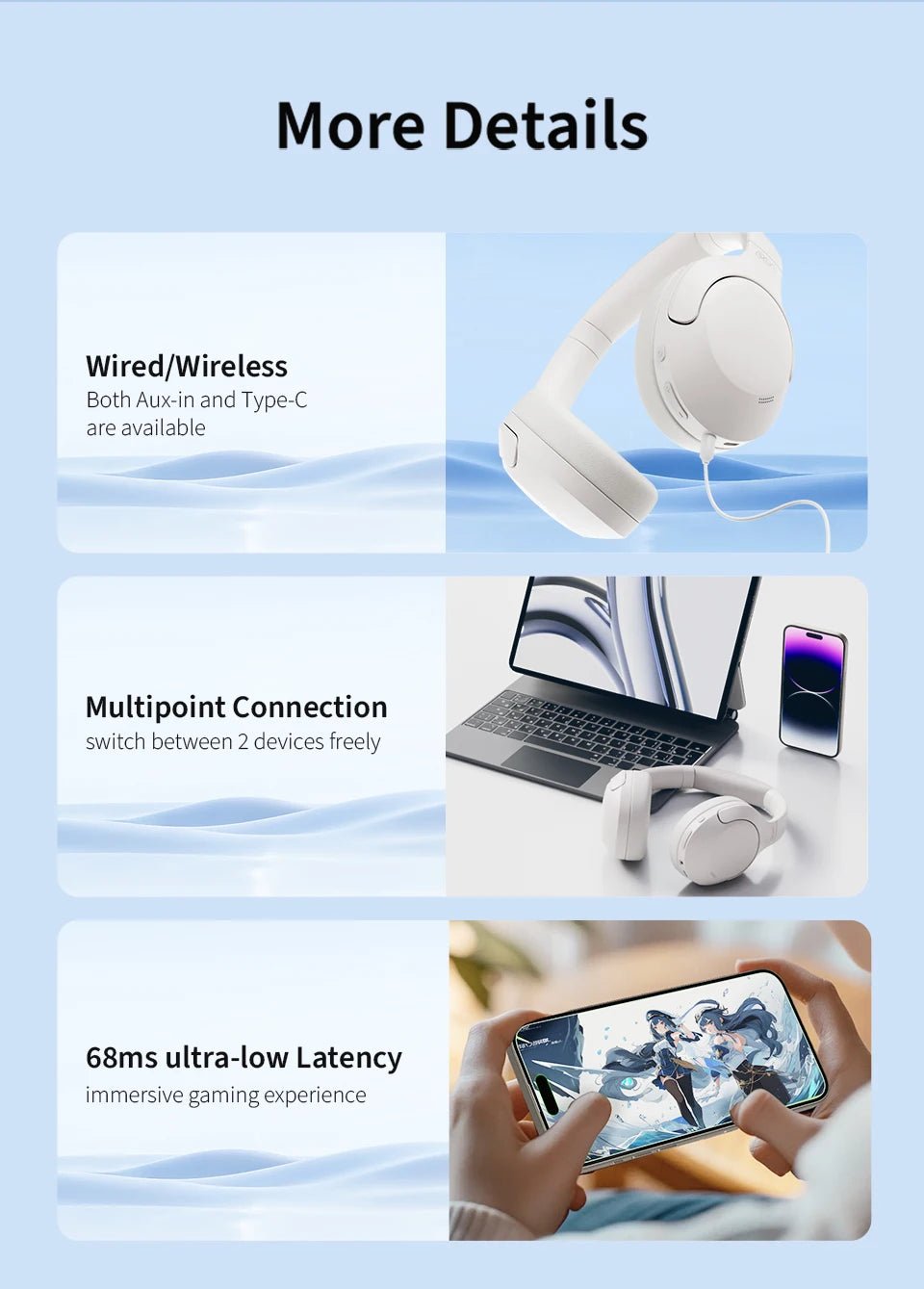QCY H3 Lite ANC Wireless/Wired Headphones Bluetooth 5.3 Foldable Over Ear Headset HIFI Sound 60H Playtime Earphones Dual Connect - Wize - Z