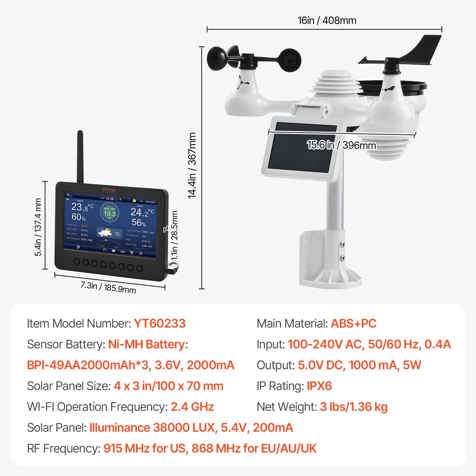 VEVOR 7 - in - 1 Solar - Powered Wi - Fi Weather Station 7" TFT with Outdoor Sensor - Wize - Z