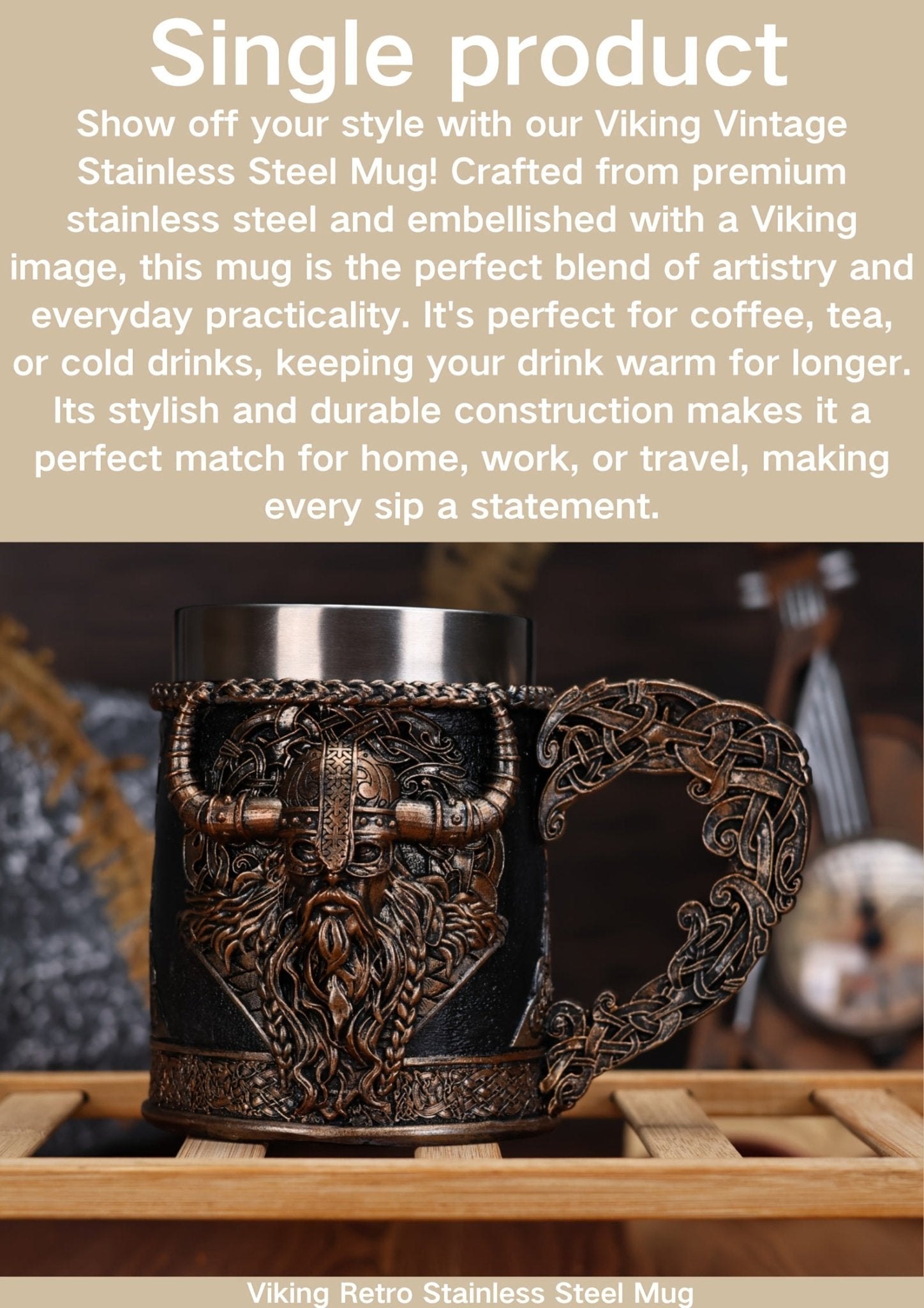 Viking Vintage Stainless Steel Mug – Durable Coffee & Milk Cup - Wize - Z