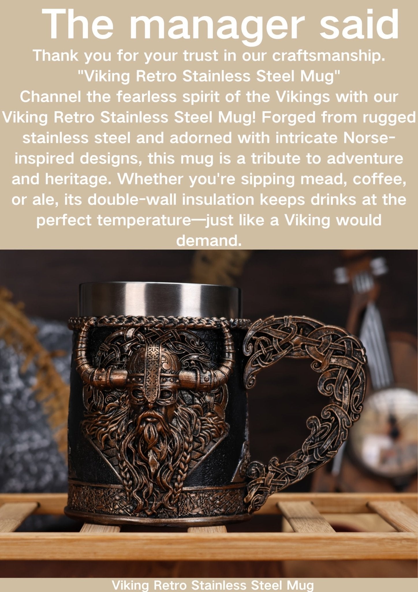 Viking Vintage Stainless Steel Mug – Durable Coffee & Milk Cup - Wize - Z