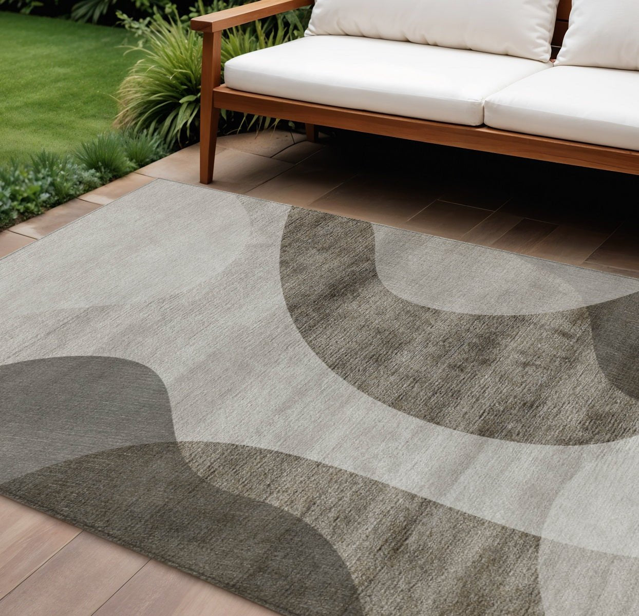 10' X 14' Taupe Beige And Chocolate Abstract Washable Indoor Outdoor Area Rug - Wize - Z