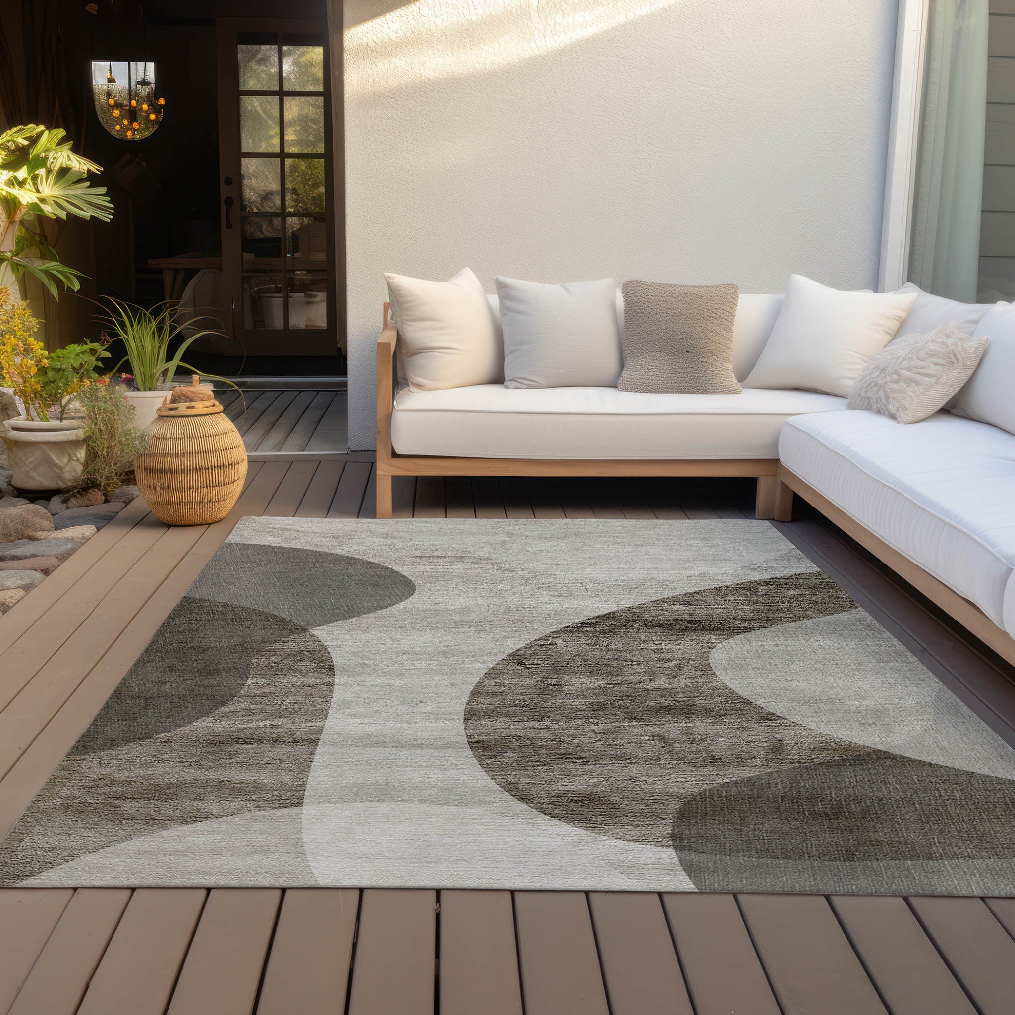 10' X 14' Taupe Beige And Chocolate Abstract Washable Indoor Outdoor Area Rug - Wize - Z