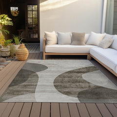 10' X 14' Taupe Beige And Chocolate Abstract Washable Indoor Outdoor Area Rug - Wize - Z