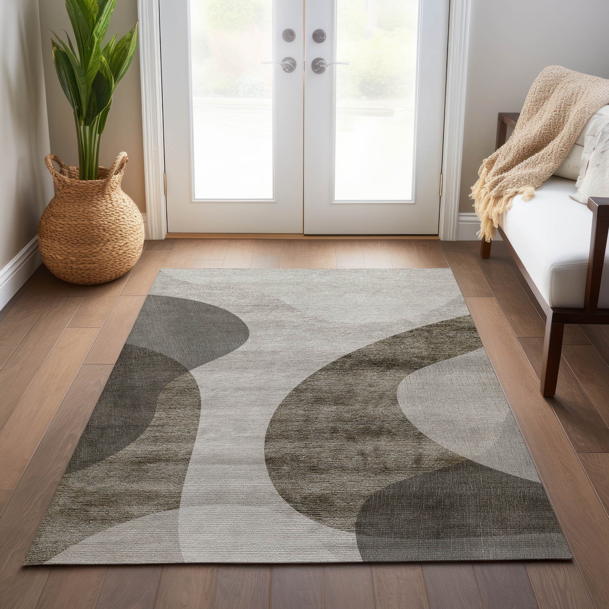 10' X 14' Taupe Beige And Chocolate Abstract Washable Indoor Outdoor Area Rug - Wize - Z