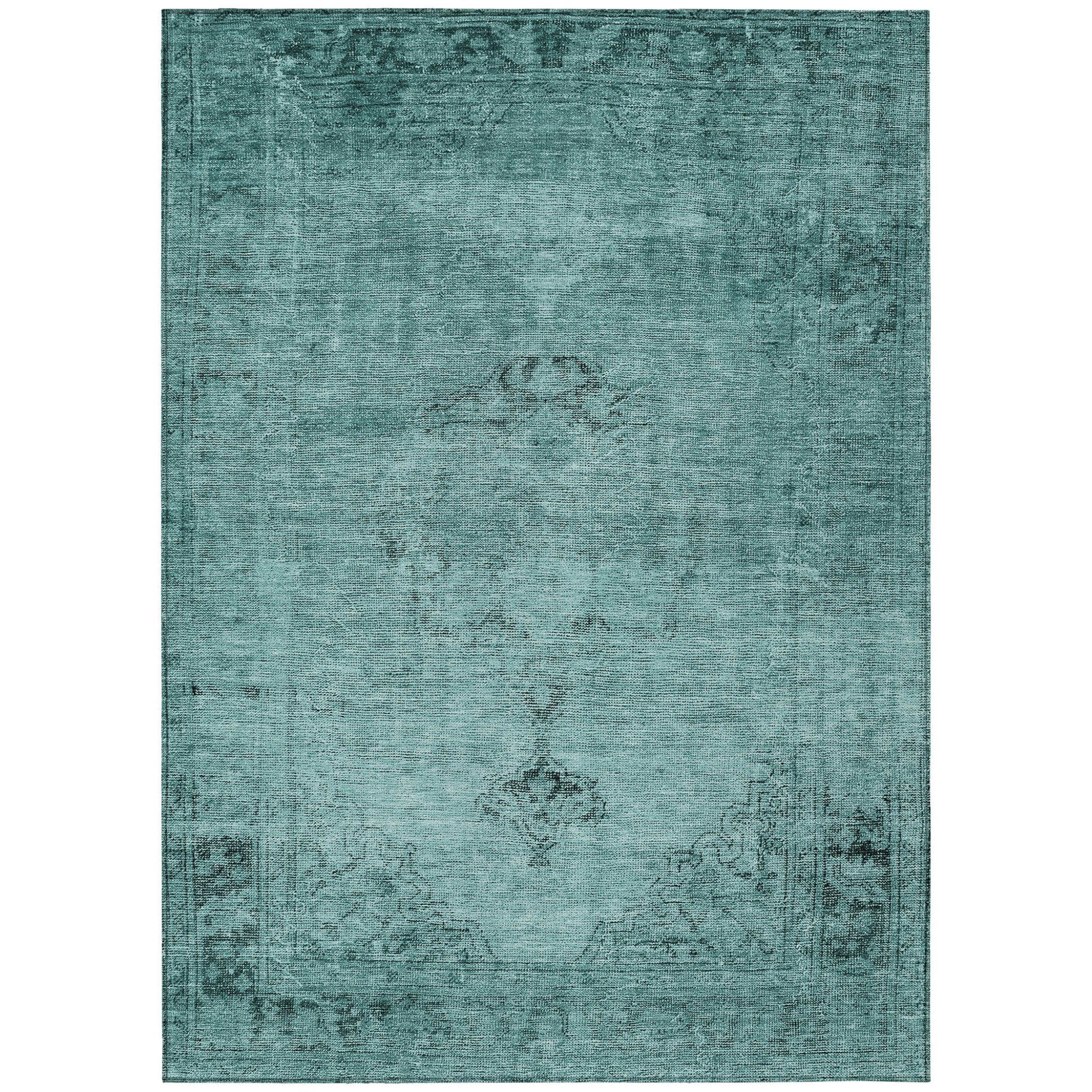 10' X 14' Teal Blue Turquoise And Charcoal Oriental Washable Indoor Outdoor Area Rug - Wize - Z