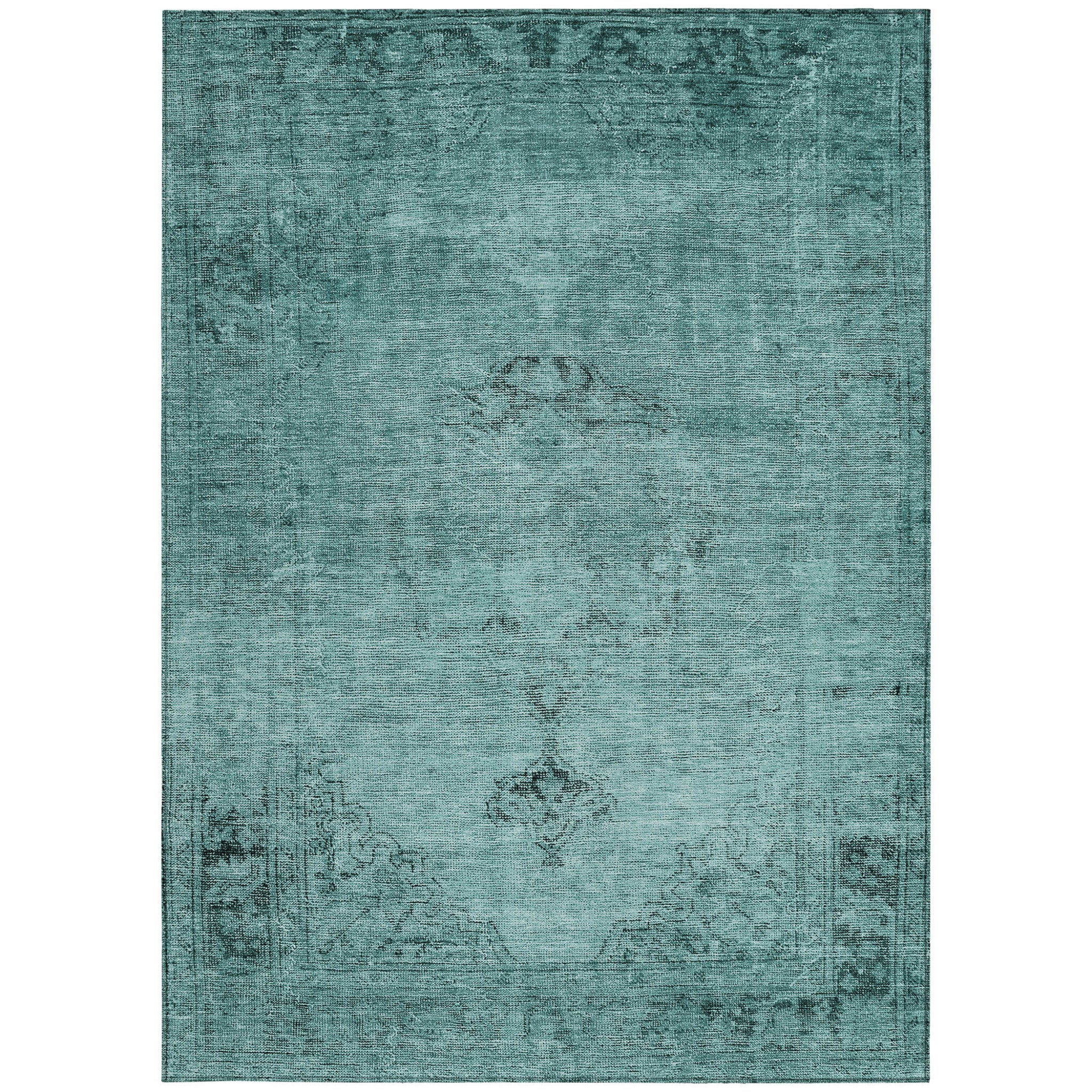 10' X 14' Teal Blue Turquoise And Charcoal Oriental Washable Indoor Outdoor Area Rug - Wize - Z