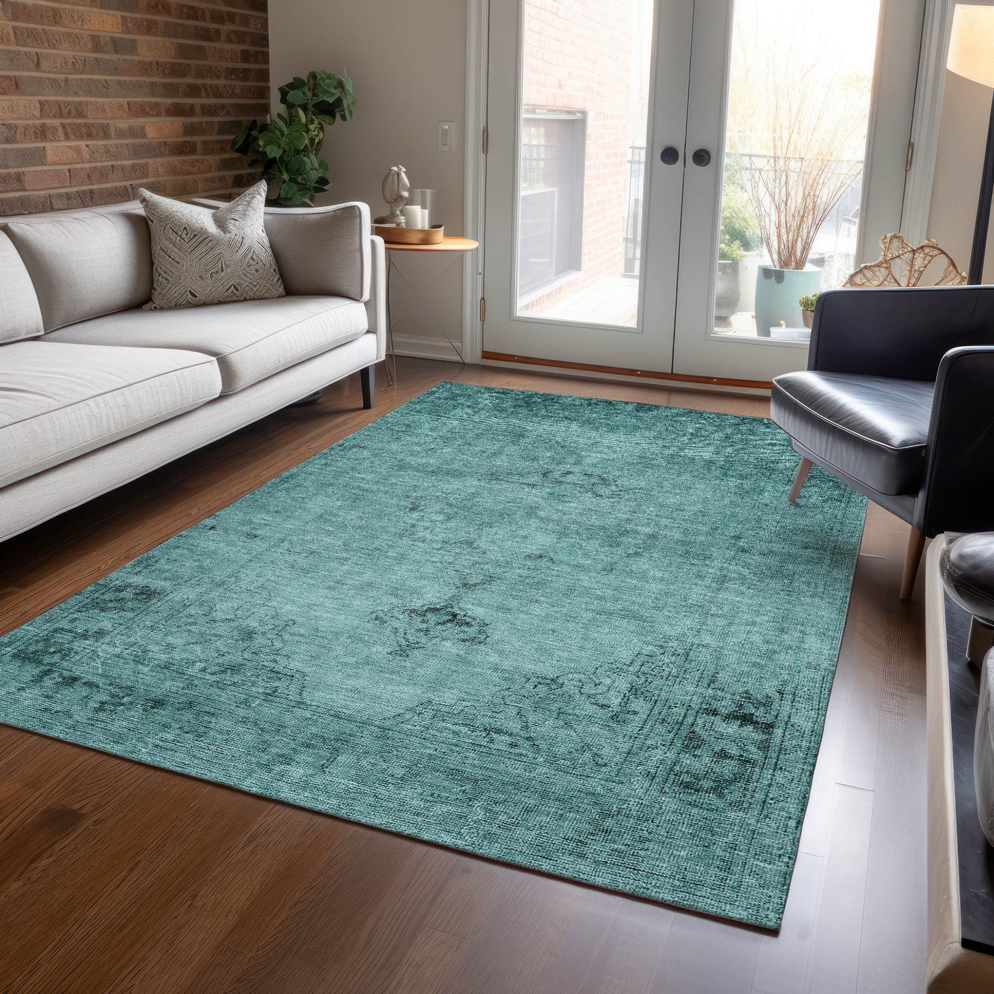 10' X 14' Teal Blue Turquoise And Charcoal Oriental Washable Indoor Outdoor Area Rug - Wize - Z