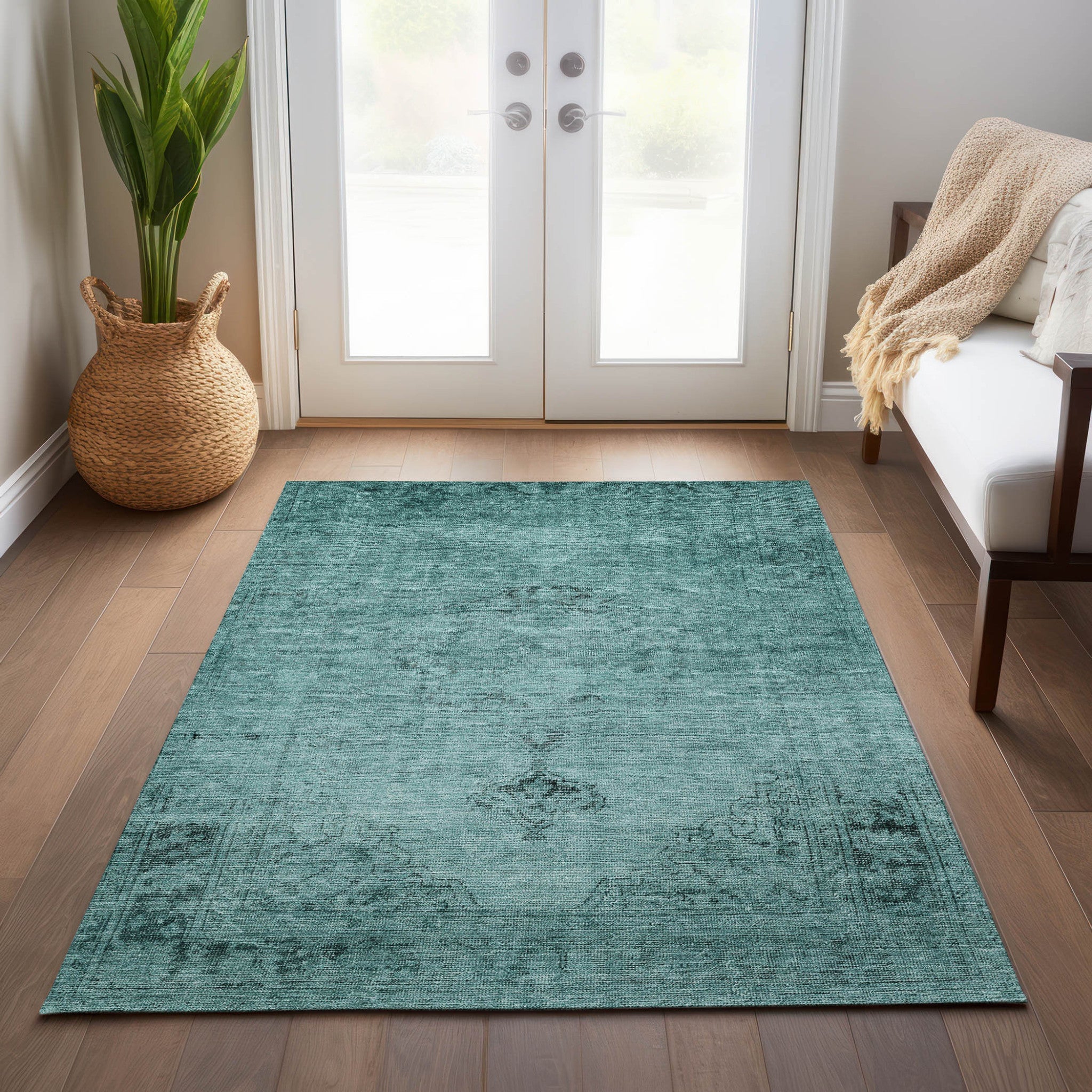 10' X 14' Teal Blue Turquoise And Charcoal Oriental Washable Indoor Outdoor Area Rug - Wize - Z