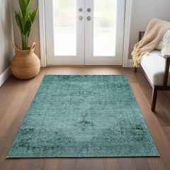 10' X 14' Teal Blue Turquoise And Charcoal Oriental Washable Indoor Outdoor Area Rug - Wize - Z