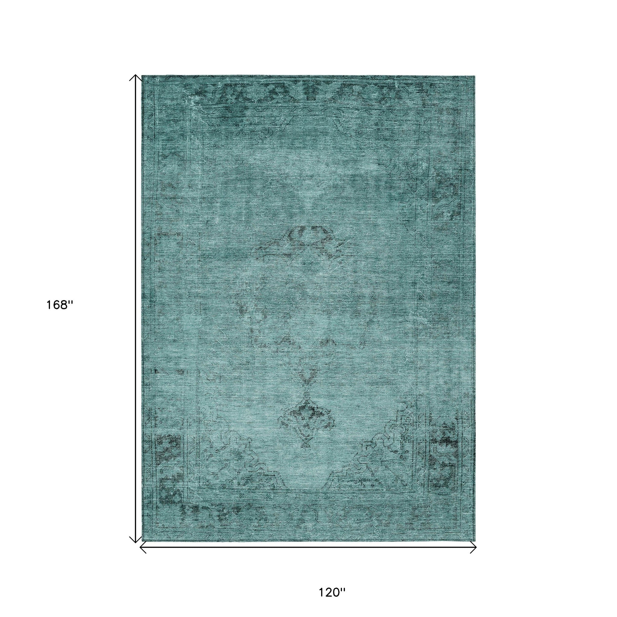 10' X 14' Teal Blue Turquoise And Charcoal Oriental Washable Indoor Outdoor Area Rug - Wize - Z