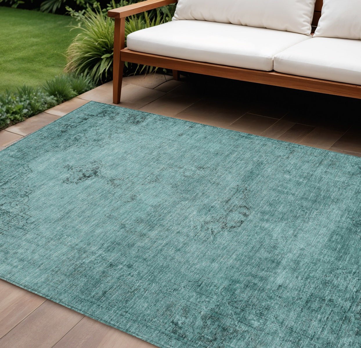 10' X 14' Teal Blue Turquoise And Charcoal Oriental Washable Indoor Outdoor Area Rug - Wize - Z