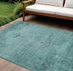 10' X 14' Teal Blue Turquoise And Charcoal Oriental Washable Indoor Outdoor Area Rug - Wize - Z