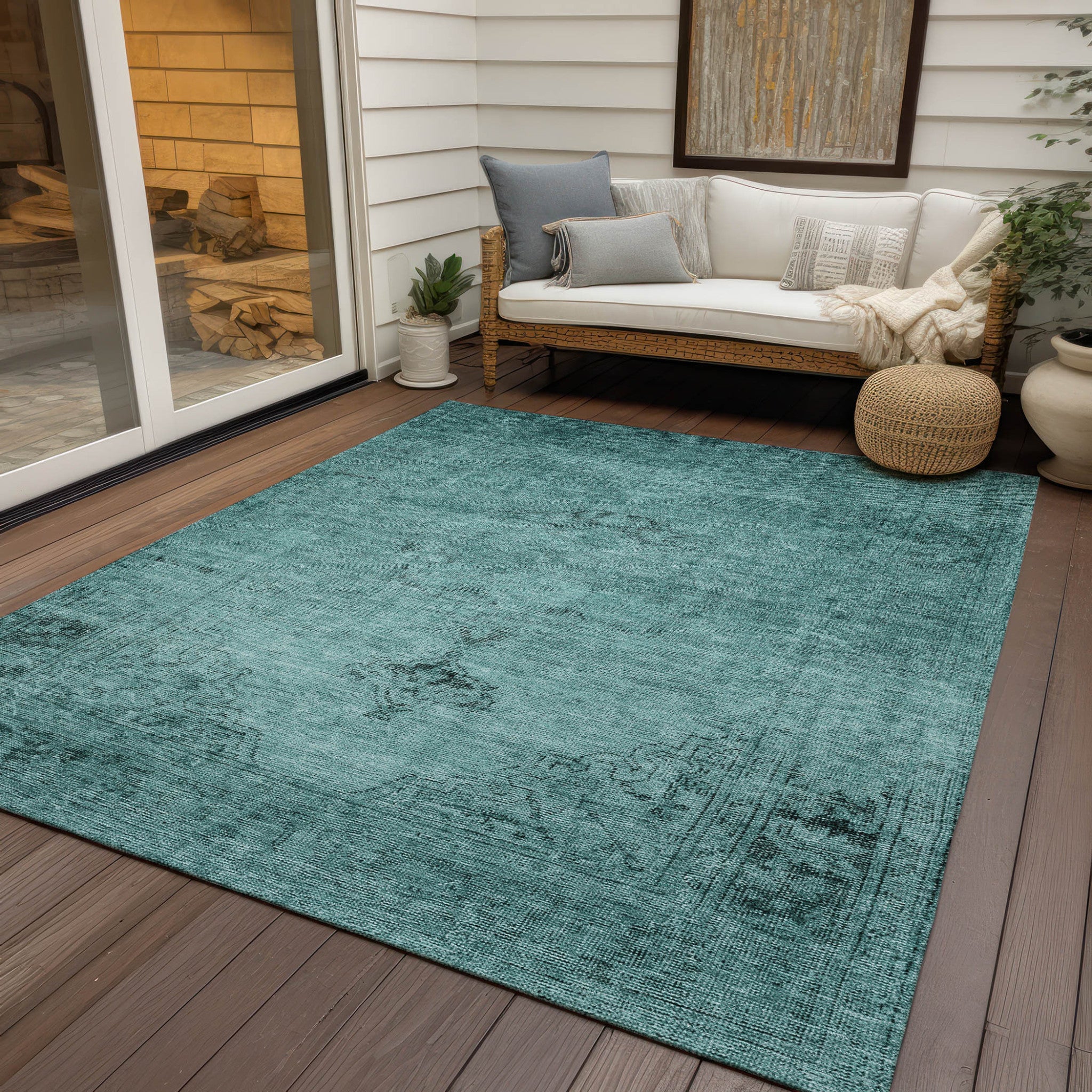 10' X 14' Teal Blue Turquoise And Charcoal Oriental Washable Indoor Outdoor Area Rug - Wize - Z