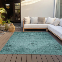10' X 14' Teal Blue Turquoise And Charcoal Oriental Washable Indoor Outdoor Area Rug - Wize - Z