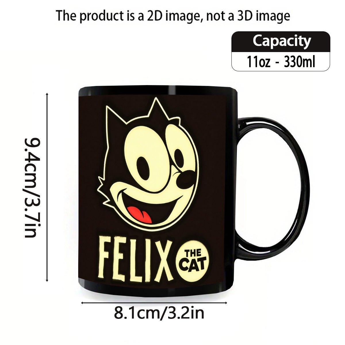 11oz Felix the Cat Black Ceramic Mug - Vibrant Cartoon Design, Ideal for Hot & Cold Drinks - Wize-Z