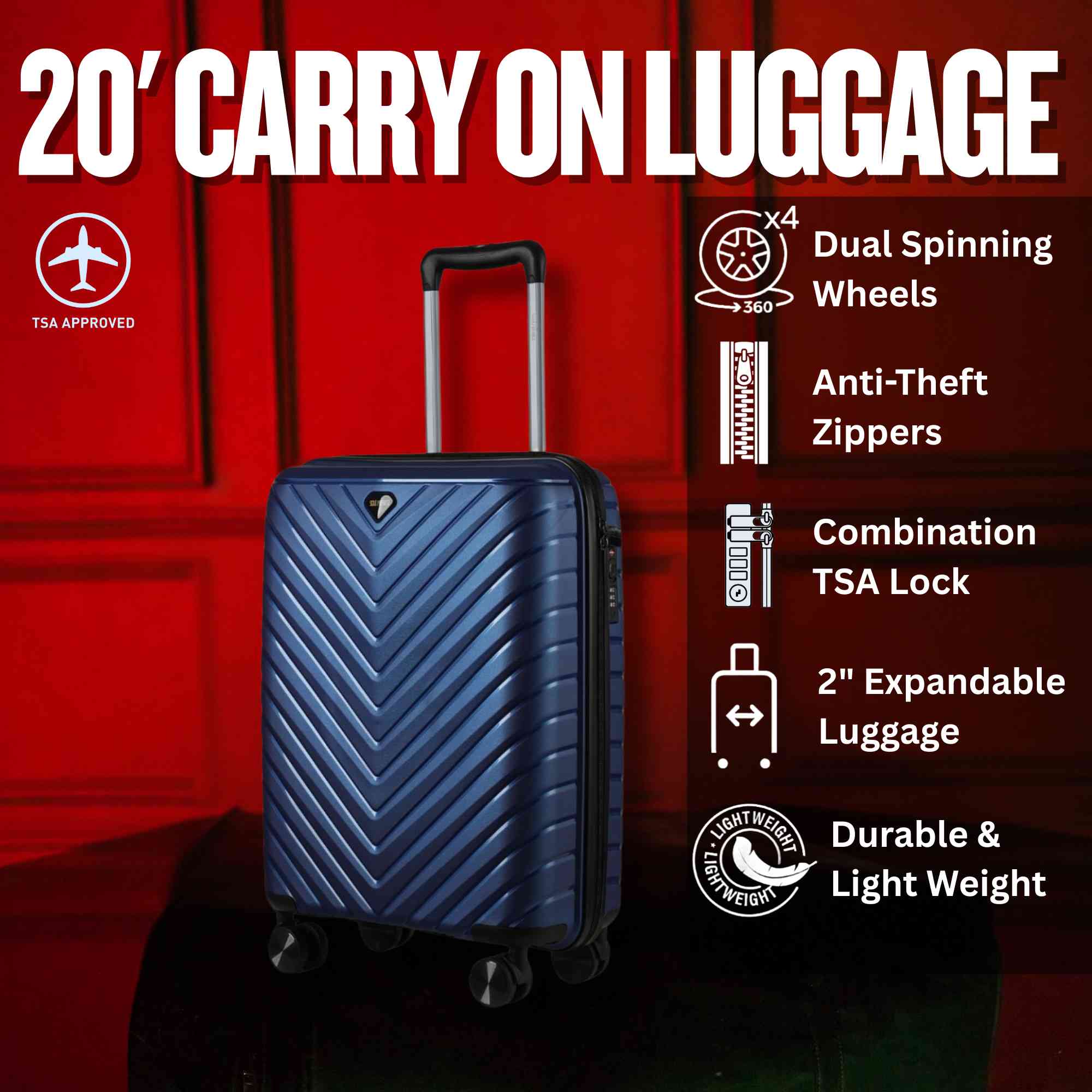 20 - inch Blue Carry - On Hardcase Roller Luggage - Wize - Z