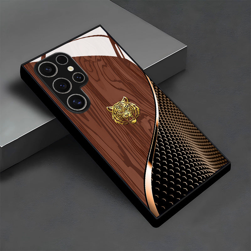 Business Style Tiger Head Pattern Design Tempered Glass Mobile Phone Case
