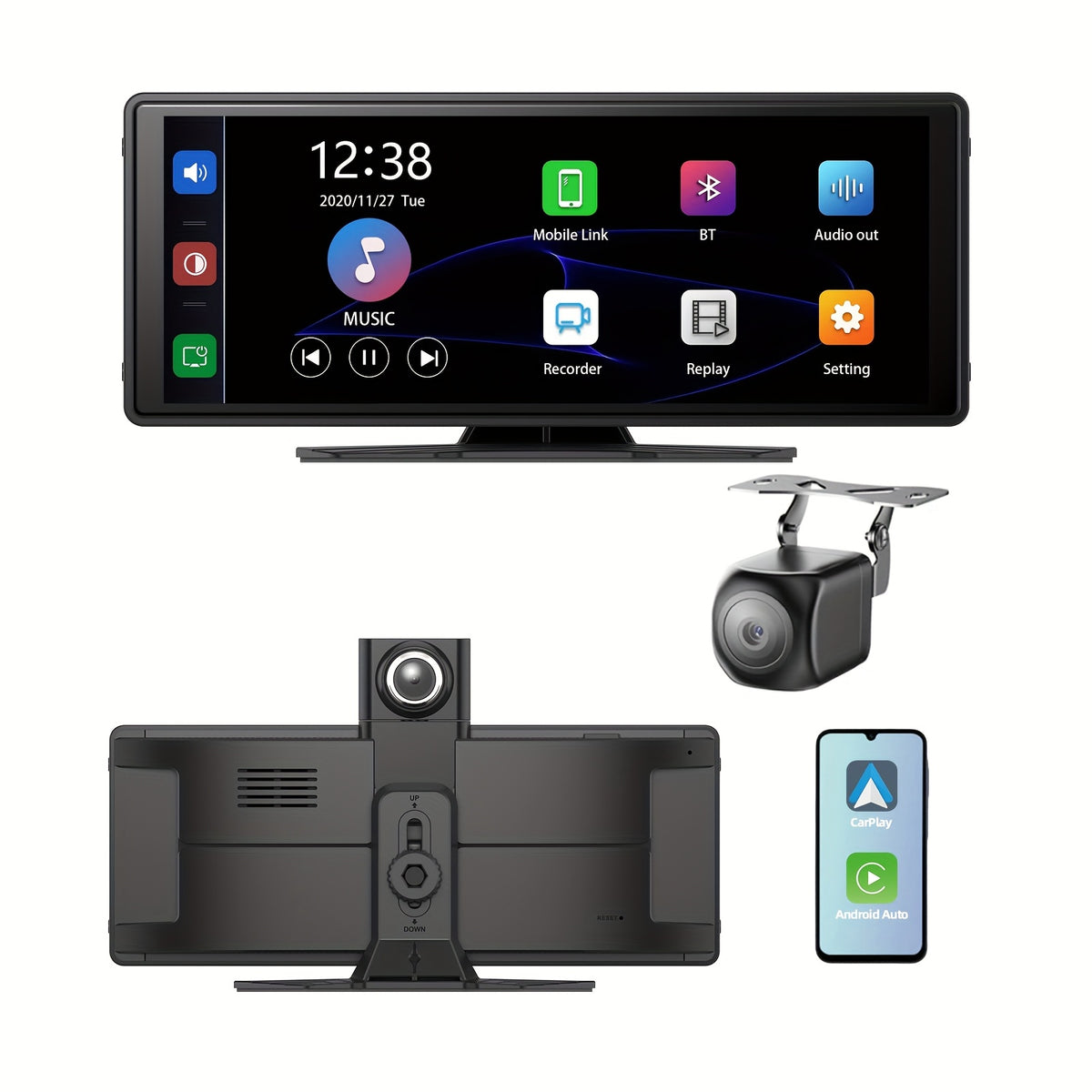 10.26" IPS HD Touchscreen Car Stereo with Wireless Apple CarPlay & Android Auto, 2.5K Front Dash Cam, Wireless, Voice Control, Backup Camera & Surround Sound – Fit for All Cars, Wireless Carplay Adapter, Vehicle Audio Upgra