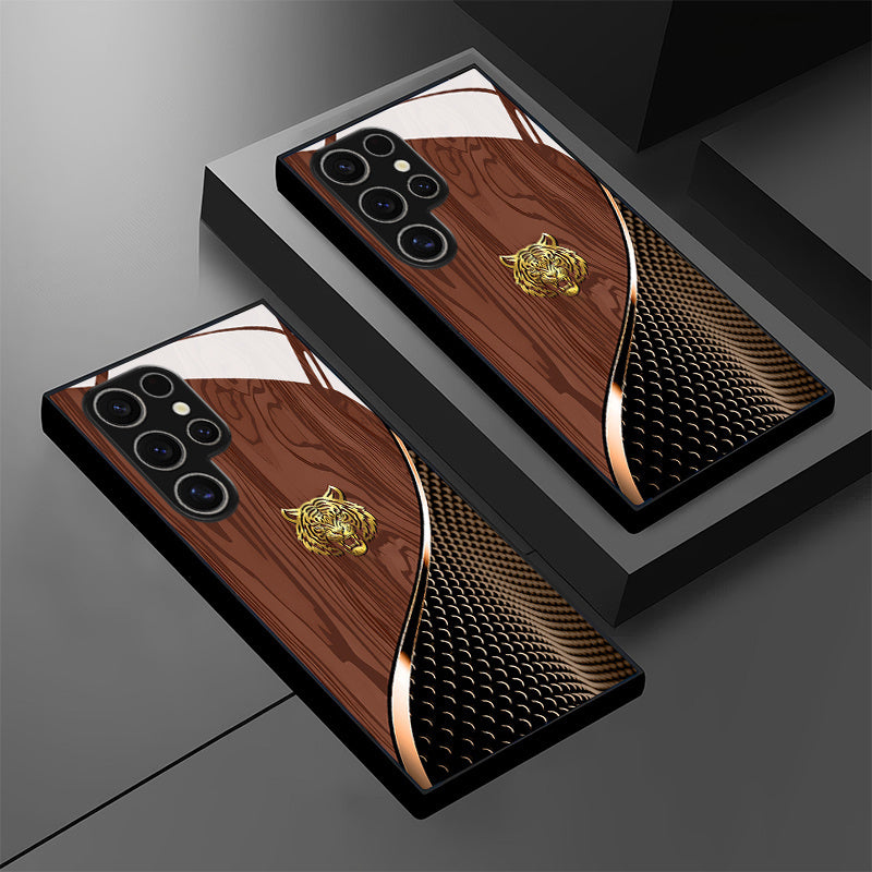 Business Style Tiger Head Pattern Design Tempered Glass Mobile Phone Case