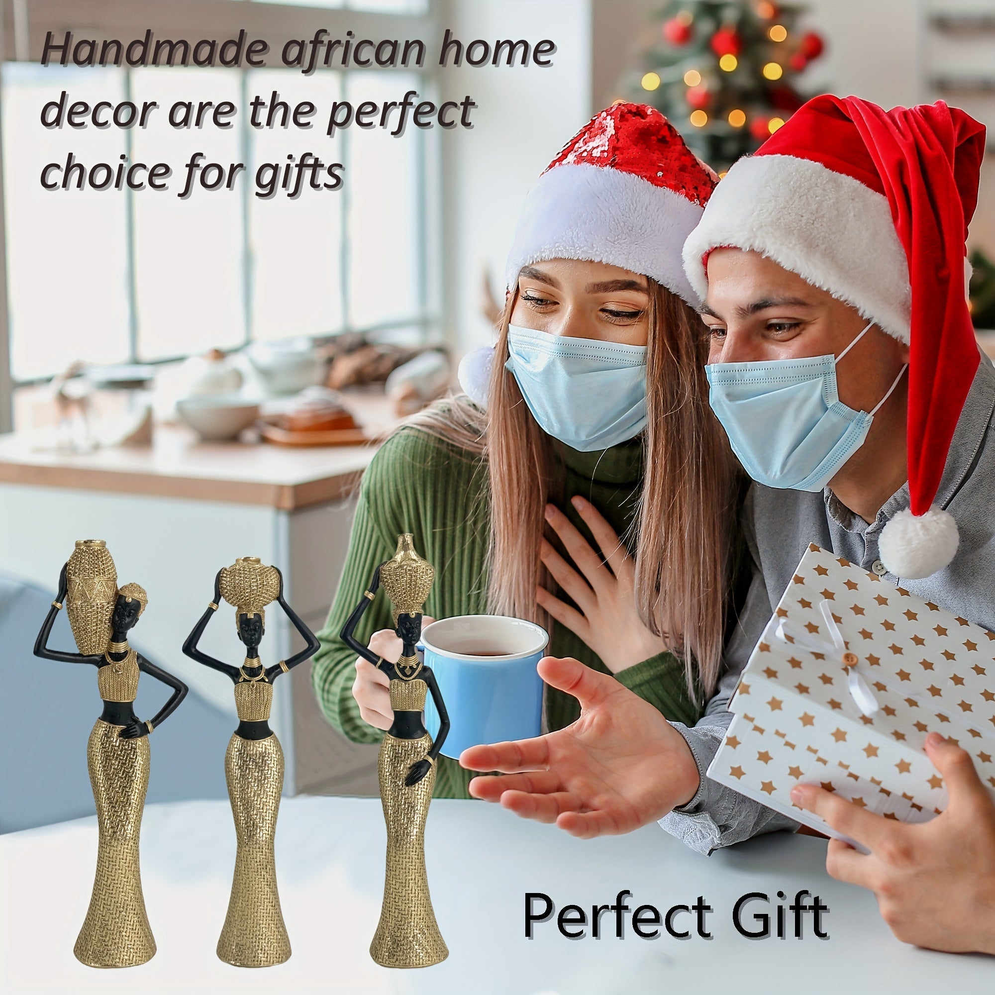 3 PCS African Statues: Golden Tribal Art Figurines - Wize - Z