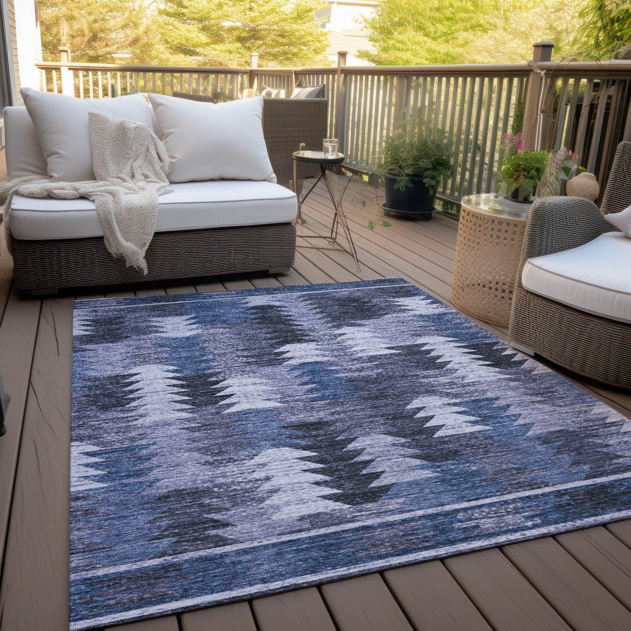 3' X 5' Navy Blue And Sky Blue Southwestern Washable Indoor Outdoor Area Rug - Wize - Z