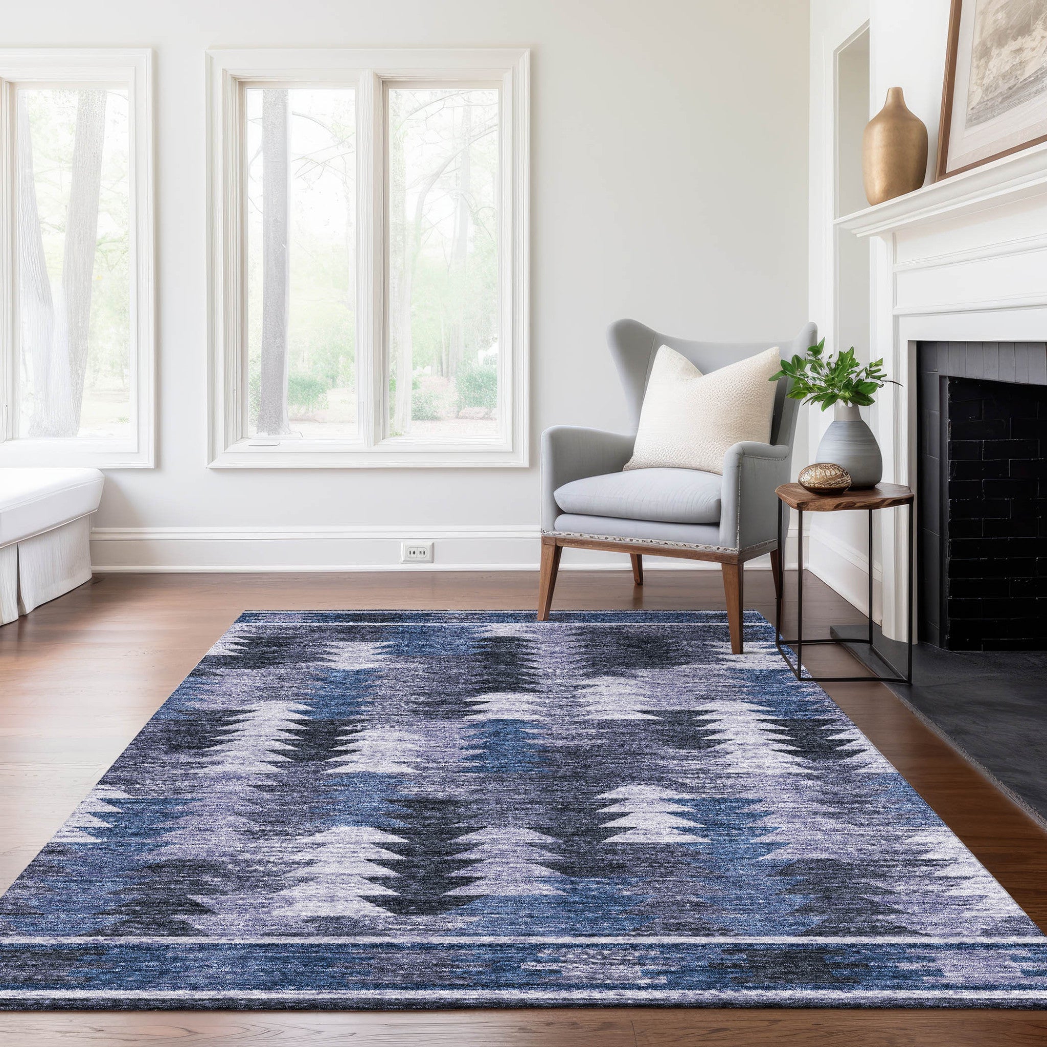 3' X 5' Navy Blue And Sky Blue Southwestern Washable Indoor Outdoor Area Rug - Wize - Z