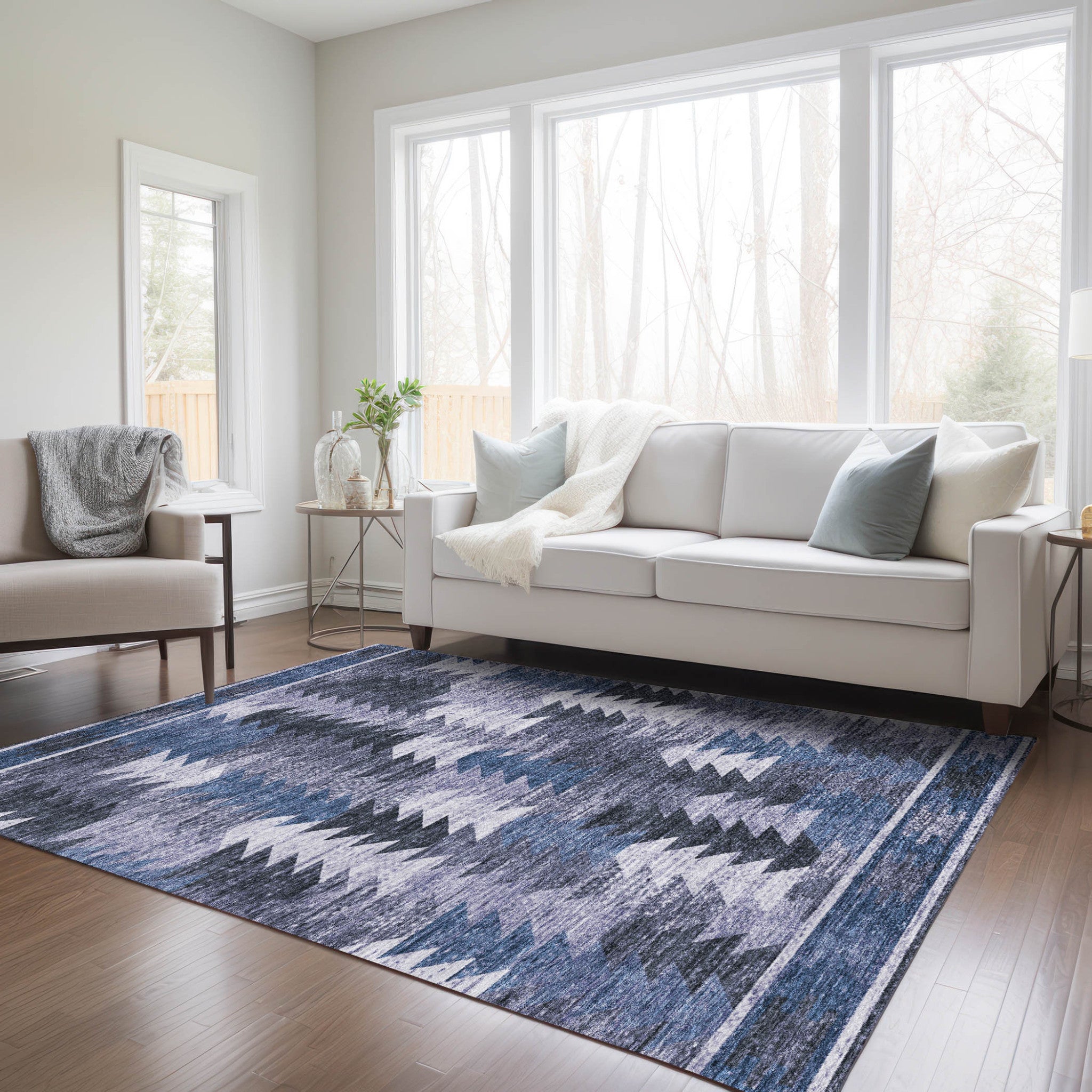 3' X 5' Navy Blue And Sky Blue Southwestern Washable Indoor Outdoor Area Rug - Wize - Z
