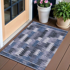 3' X 5' Navy Blue And Sky Blue Southwestern Washable Indoor Outdoor Area Rug - Wize - Z