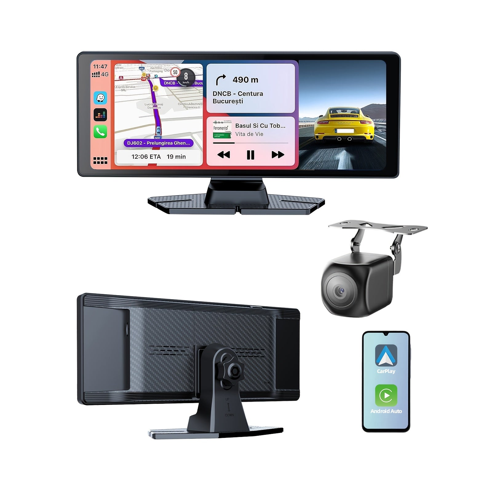 10.26" IPS HD Touchscreen Car Stereo with Wireless Apple CarPlay & Android Auto, 2.5K Front Dash Cam, Wireless, Voice Control, Backup Camera & Surround Sound – Fit for All Cars, Wireless Carplay Adapter, Vehicle Audio Upgra