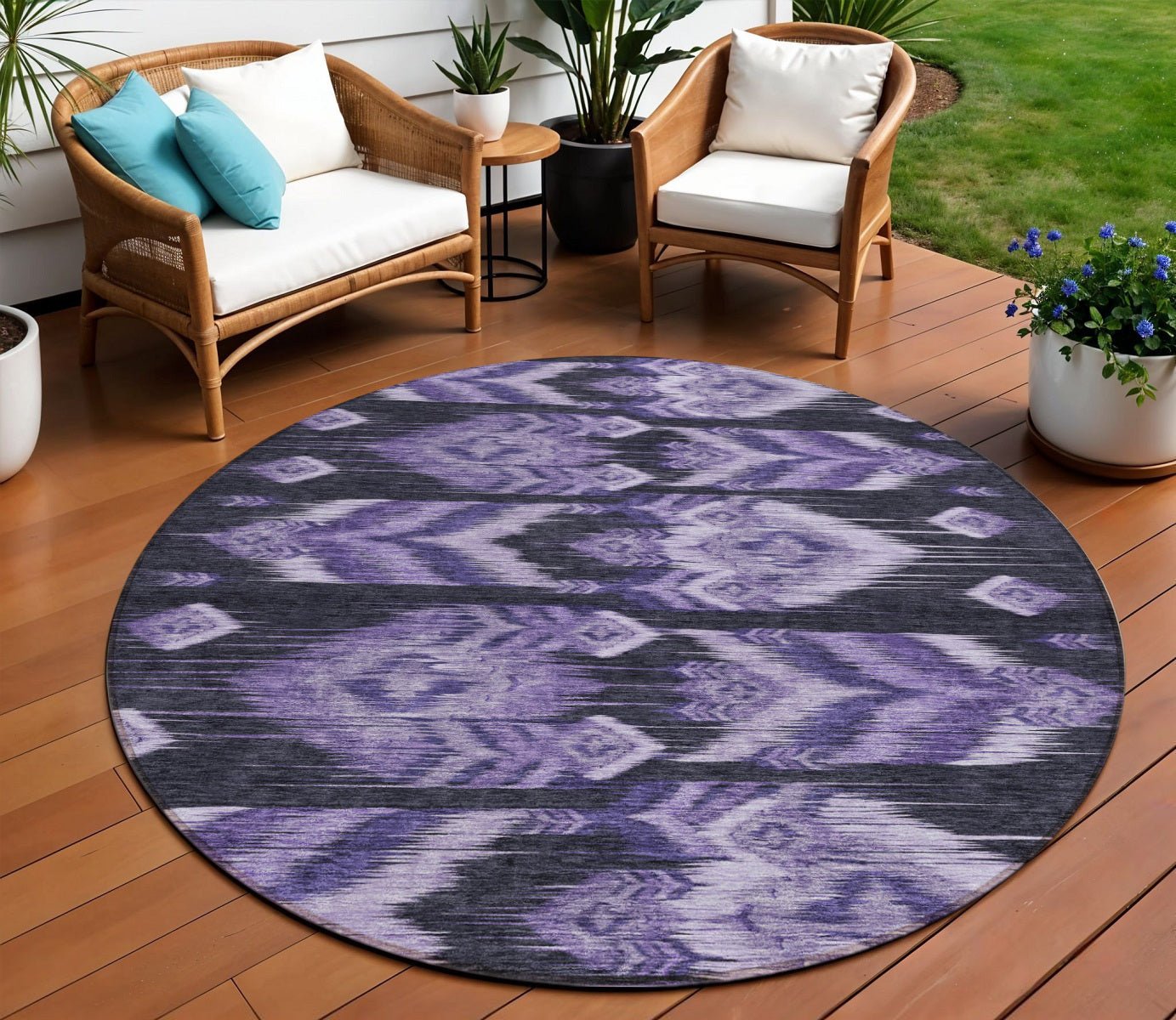 8' Purple Lavender And Plum Round Southwestern Washable Indoor Outdoor Area Rug - Wize - Z