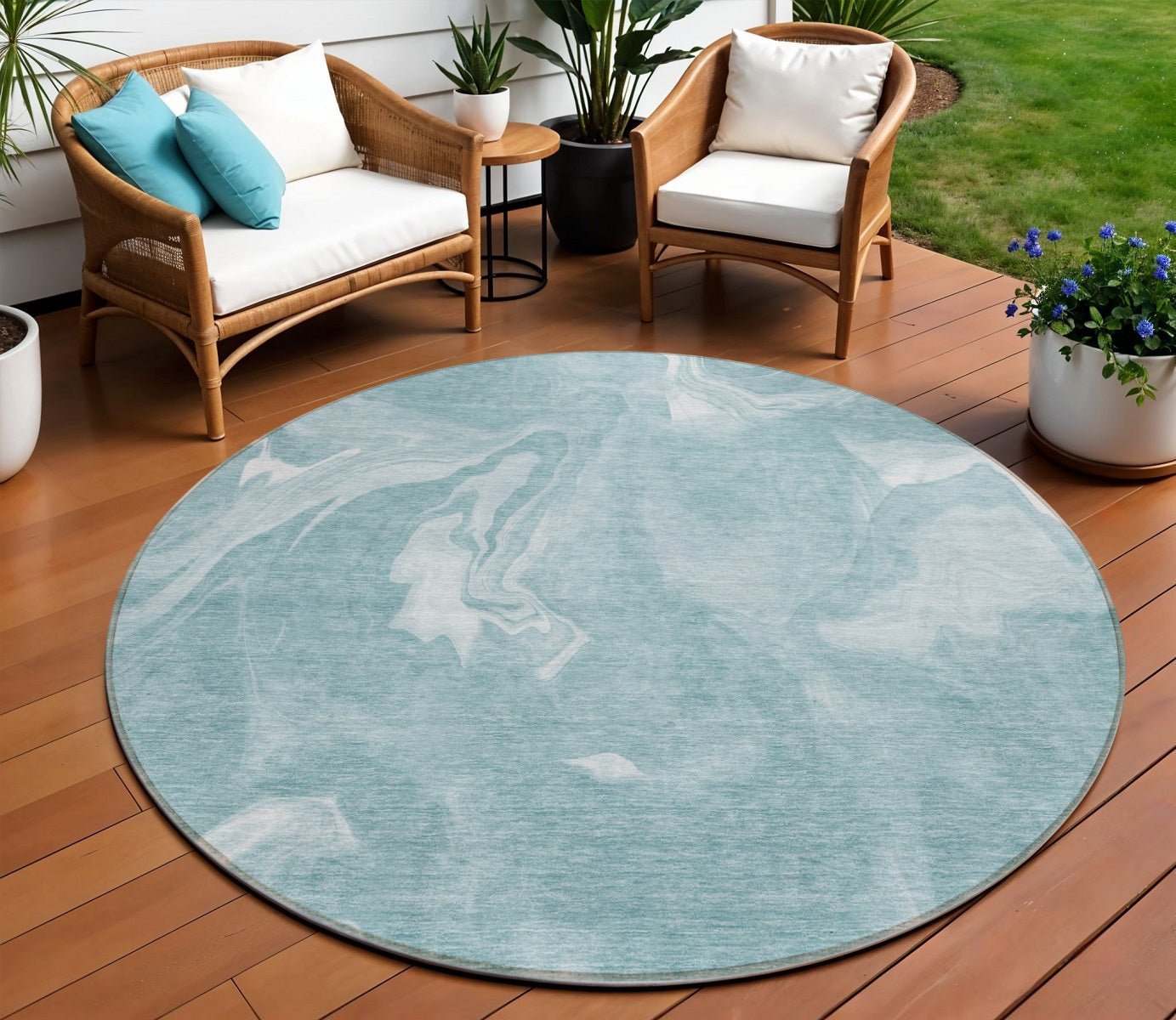 8' Teal Blue And Aqua Round Abstract Washable Indoor Outdoor Area Rug - Wize - Z