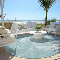 8' Teal Blue And Aqua Round Abstract Washable Indoor Outdoor Area Rug - Wize - Z