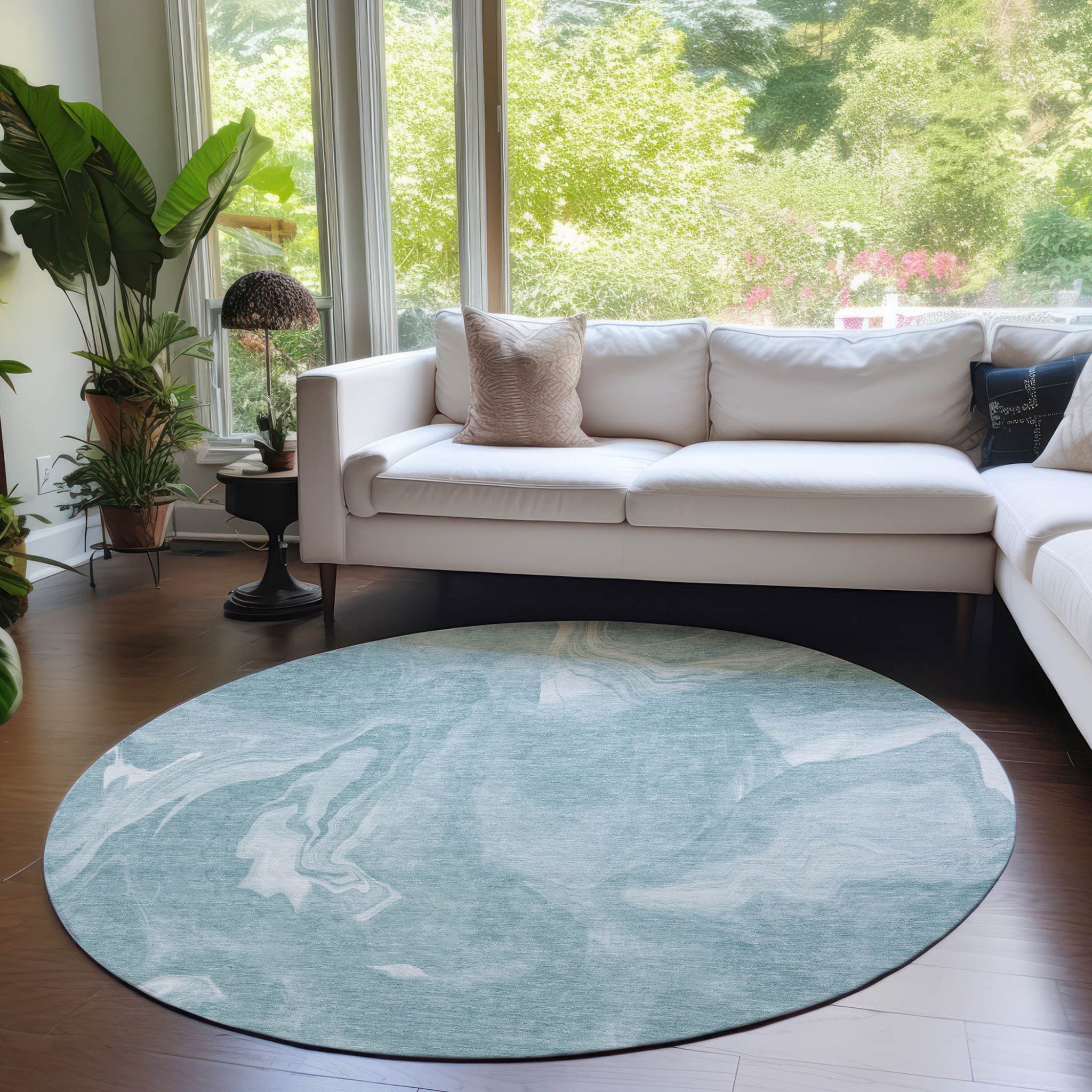 8' Teal Blue And Aqua Round Abstract Washable Indoor Outdoor Area Rug - Wize - Z