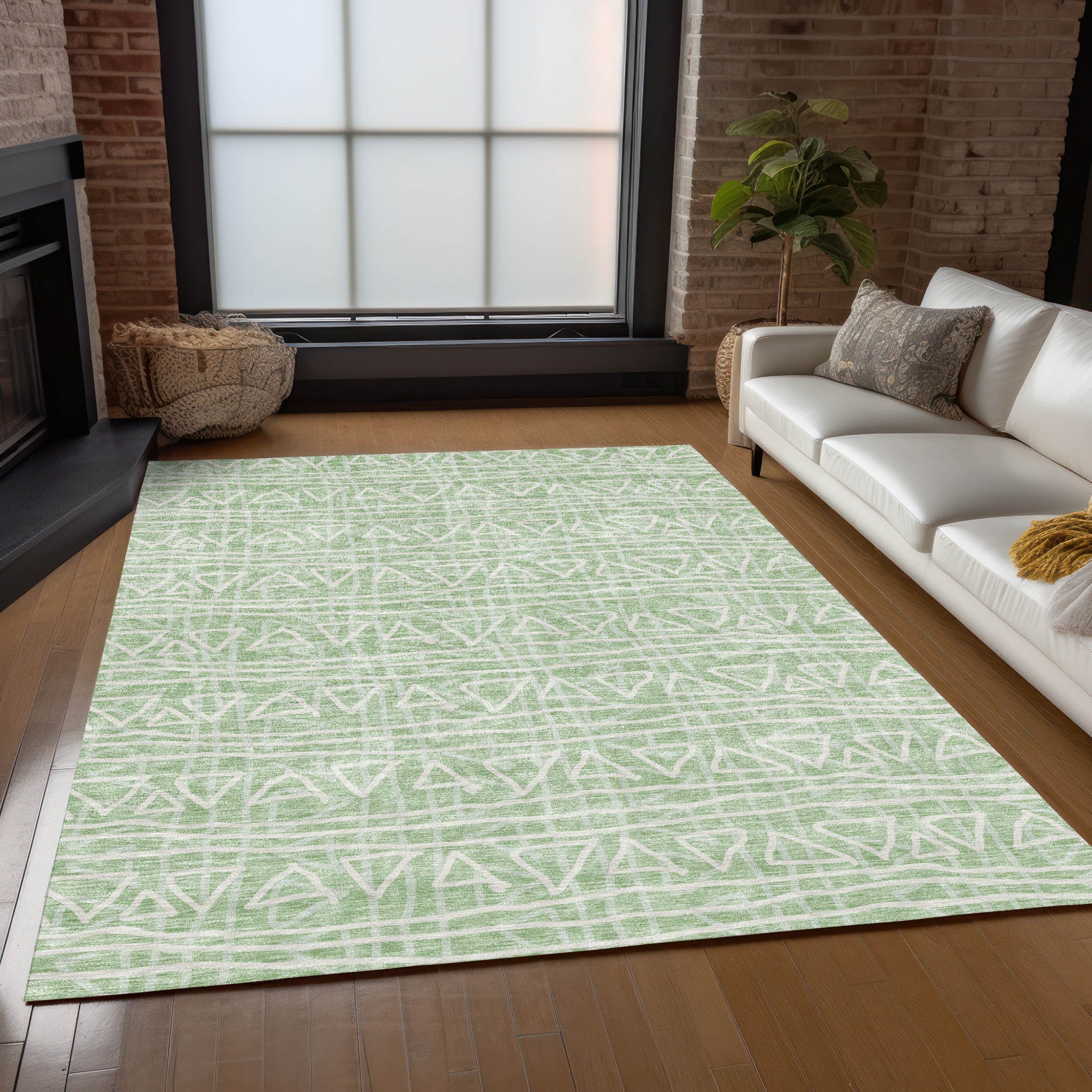 8' X 10' Mint Green Artichoke Green And Ivory Geometric Washable Indoor Outdoor Area Rug - Wize - Z