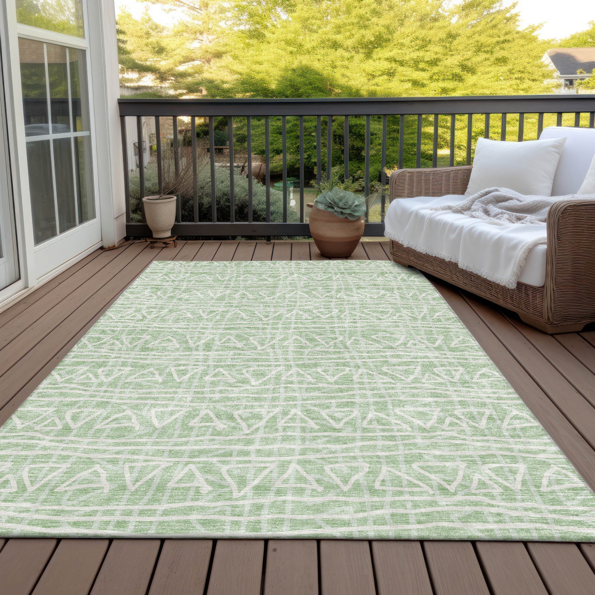 8' X 10' Mint Green Artichoke Green And Ivory Geometric Washable Indoor Outdoor Area Rug - Wize - Z