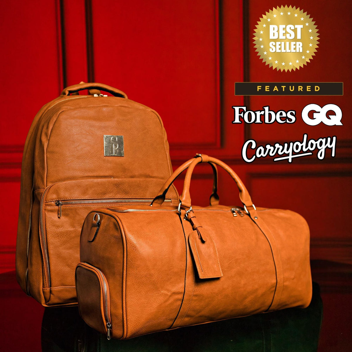 Brown Tumbled Leather 2 Bag Set (Commuter Backpack and Duffle Bag) - Wize - Z