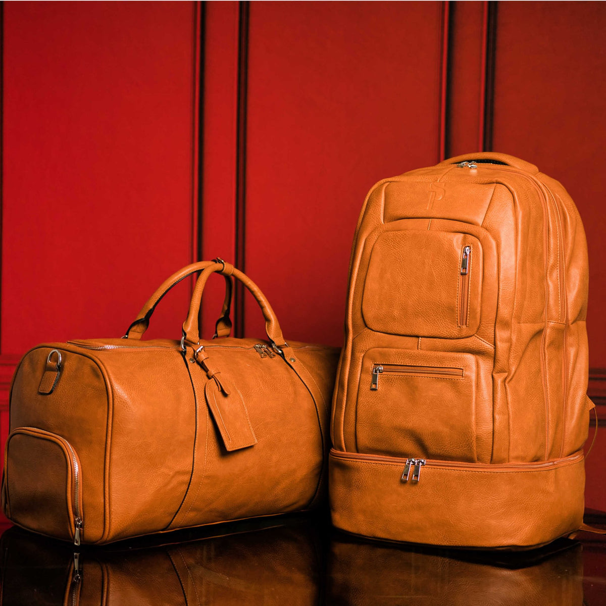 Brown Tumbled Leather Signature Bag Set (Signature Backpack and Duffle Bag) - Wize - Z