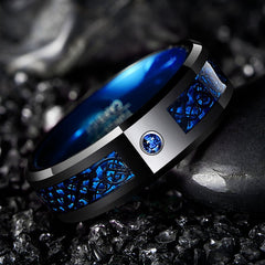 [Carbon Fiber Ring] Blue Carbon Fiber Tungsten Ring | 8Mm Wide Inlaid Black Dragon Pattern Men's USA Size 7 - 14, Without Battery - Wize - Z