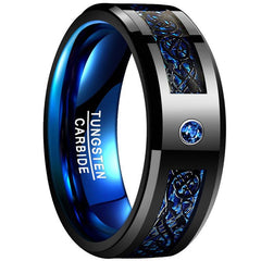 [Carbon Fiber Ring] Blue Carbon Fiber Tungsten Ring | 8Mm Wide Inlaid Black Dragon Pattern Men's USA Size 7 - 14, Without Battery - Wize - Z