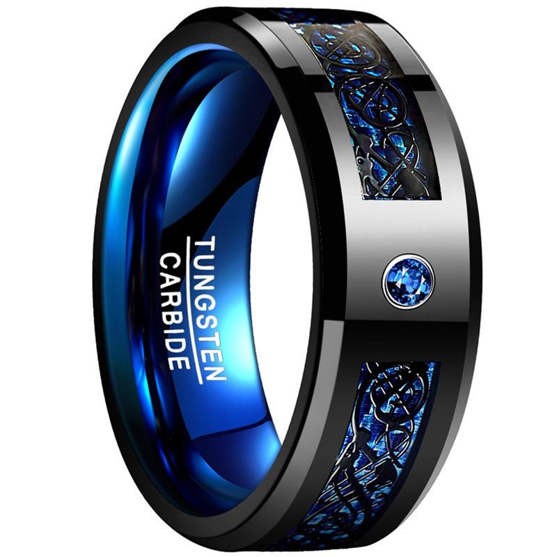 [Carbon Fiber Ring] Blue Carbon Fiber Tungsten Ring | 8Mm Wide Inlaid Black Dragon Pattern Men's USA Size 7 - 14, Without Battery - Wize - Z