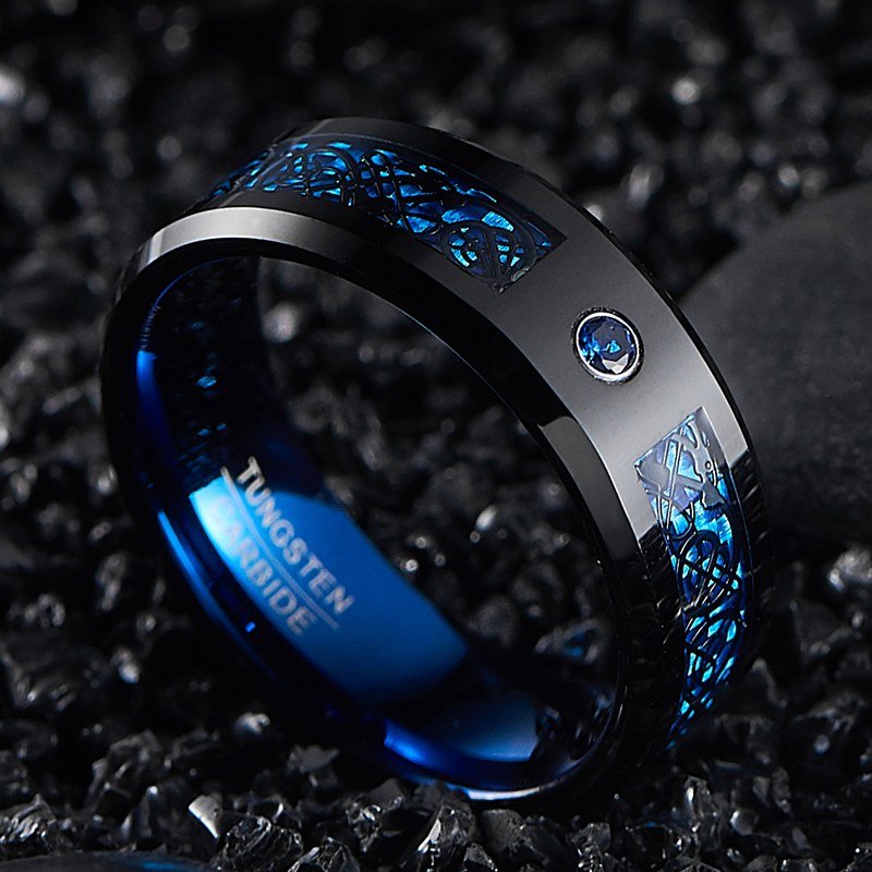 [Carbon Fiber Ring] Blue Carbon Fiber Tungsten Ring | 8Mm Wide Inlaid Black Dragon Pattern Men's USA Size 7 - 14, Without Battery - Wize - Z
