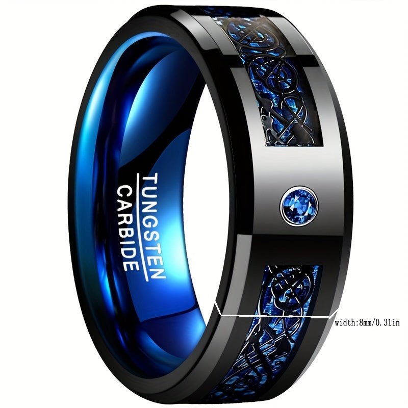 [Carbon Fiber Ring] Blue Carbon Fiber Tungsten Ring | 8Mm Wide Inlaid Black Dragon Pattern Men's USA Size 7 - 14, Without Battery - Wize - Z