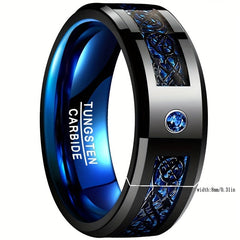 [Carbon Fiber Ring] Blue Carbon Fiber Tungsten Ring | 8Mm Wide Inlaid Black Dragon Pattern Men's USA Size 7 - 14, Without Battery - Wize - Z