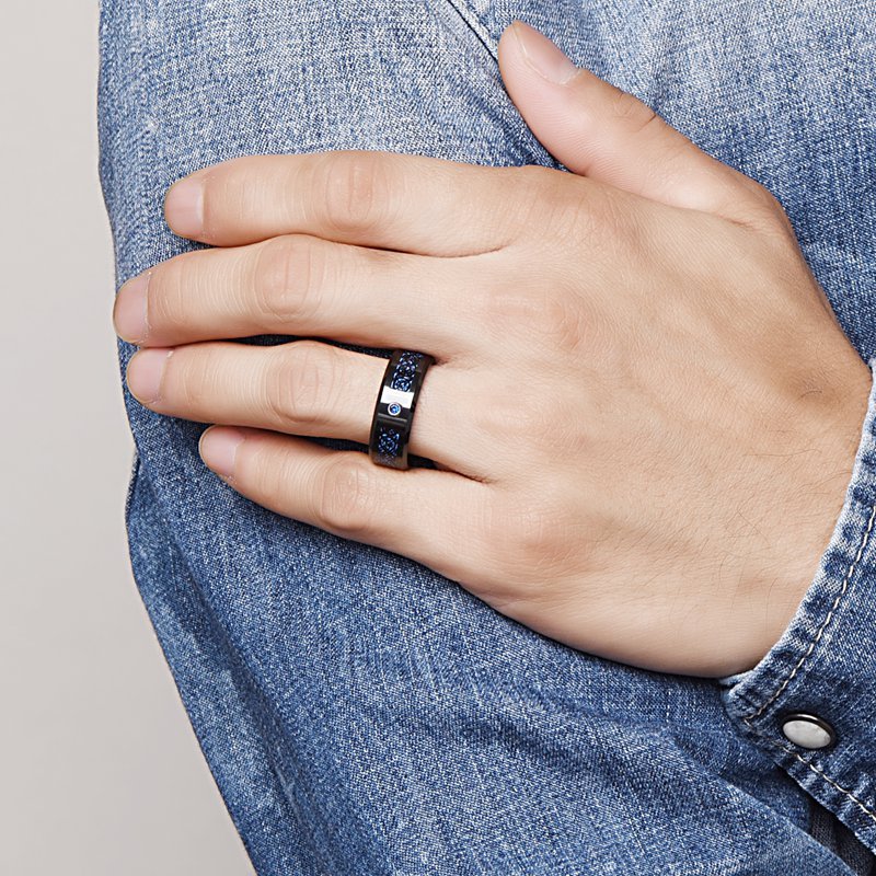 [Carbon Fiber Ring] Blue Carbon Fiber Tungsten Ring | 8Mm Wide Inlaid Black Dragon Pattern Men's USA Size 7 - 14, Without Battery - Wize - Z
