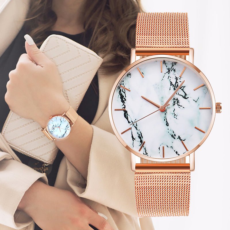 Fashion Rose Gold Mesh Band Creative Marble Female Wrist Watch Luxury Women Quartz Watches Gifts Relogio Feminino Drop Shipping - Wize - Z