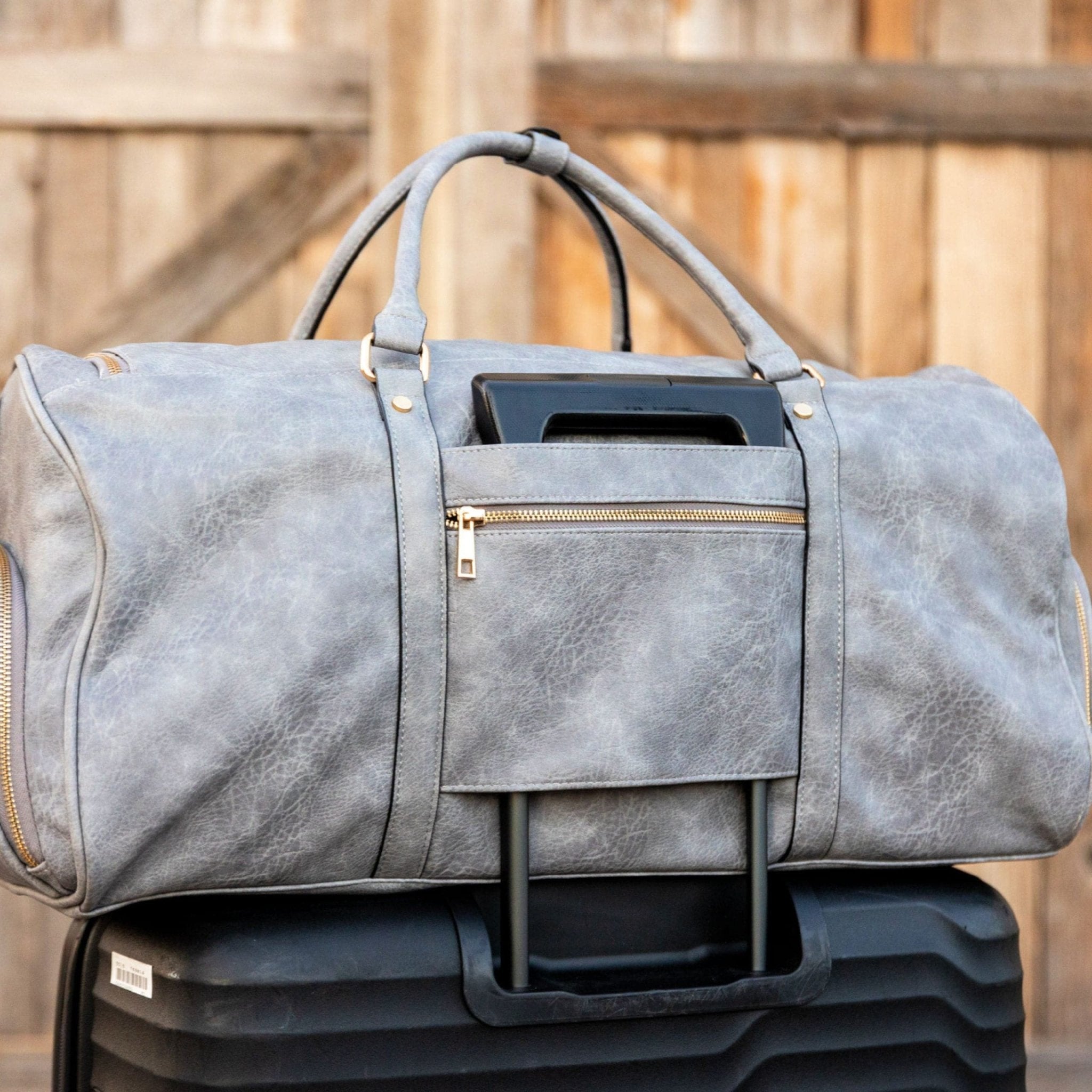 Grey Tumbled Leather Weekender Duffle Bag - Wize - Z