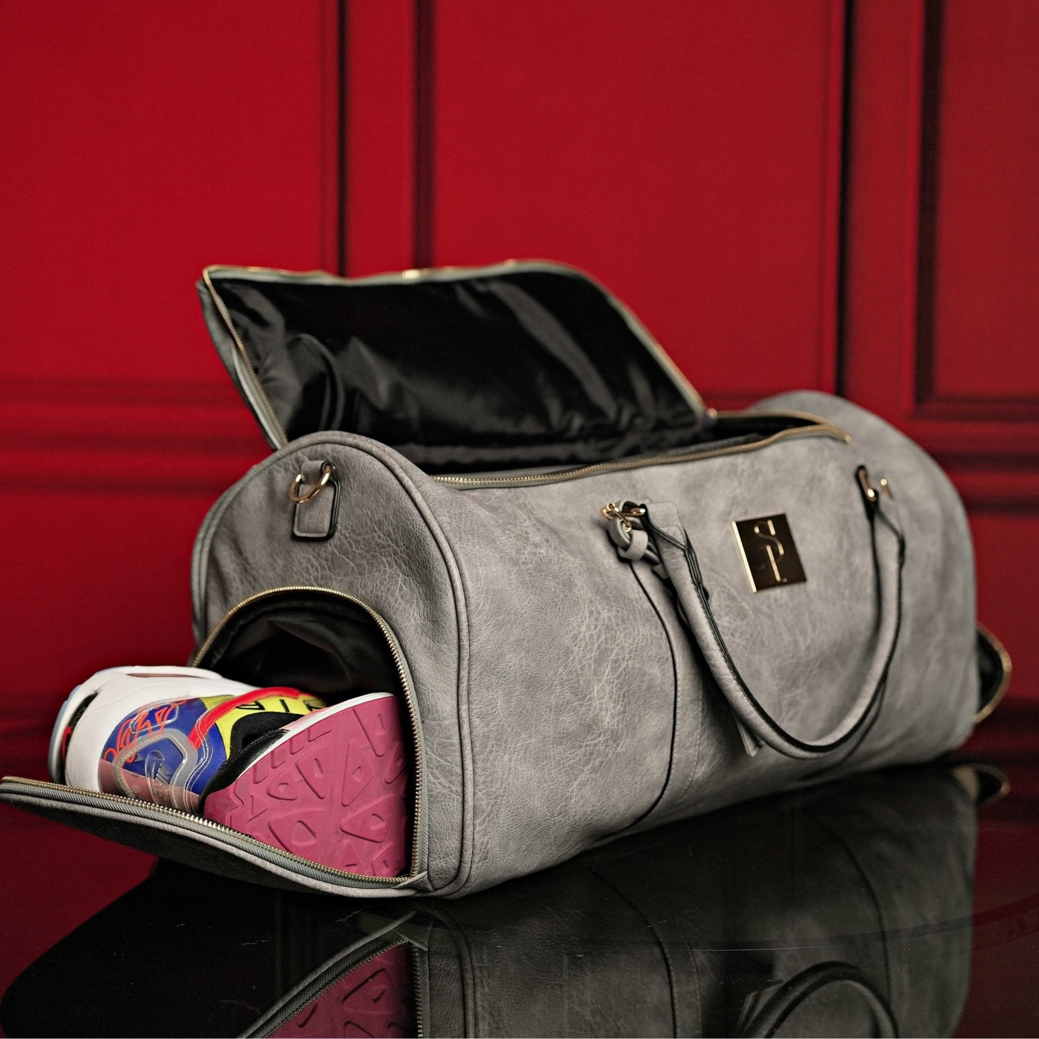Grey Tumbled Leather Weekender Duffle Bag - Wize - Z